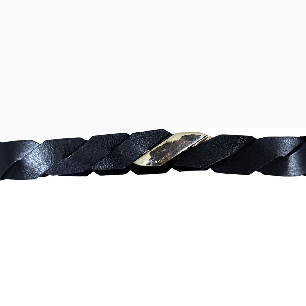Raina Black Braided Leather Belt Gold Tone Hook Closure Wide Waist Belt